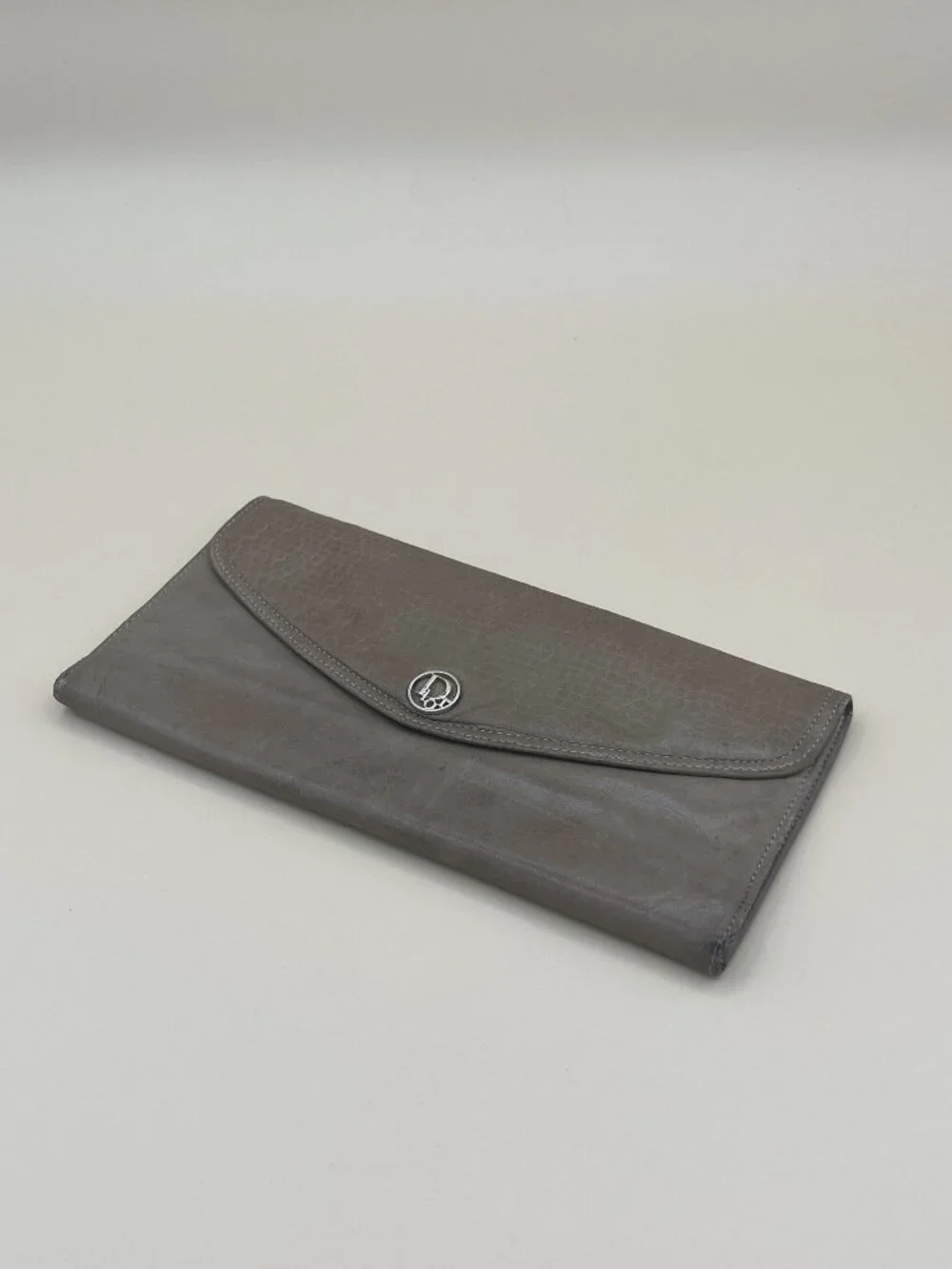 Christian Dior Paris Grey Taupe Leather Long Bifold Wallet CD Charm Silver Hardw